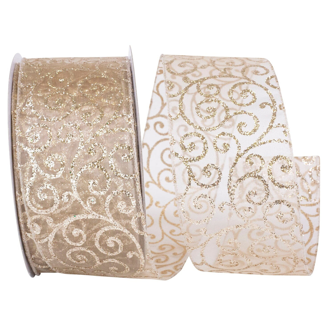 Holiday Swirl Glitter Sheer Wired Edge Ribbon - Platinum Holiday Ribbon Allurepack