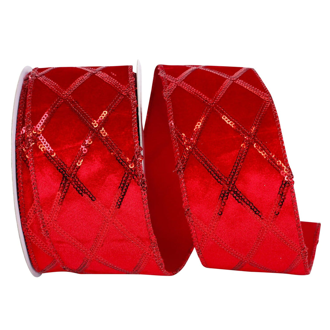 Holiday Sequined Diamond Plush Wired Edge Ribbon - Red Holiday Ribbon Allurepack