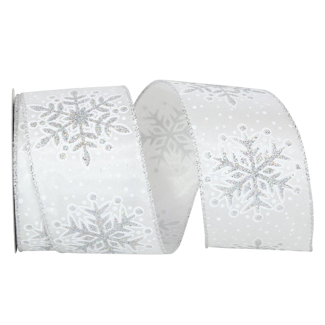 Holiday Snowflakes Glitter Cindy Wired Edge Ribbon - Silver Holiday Ribbon Allurepack